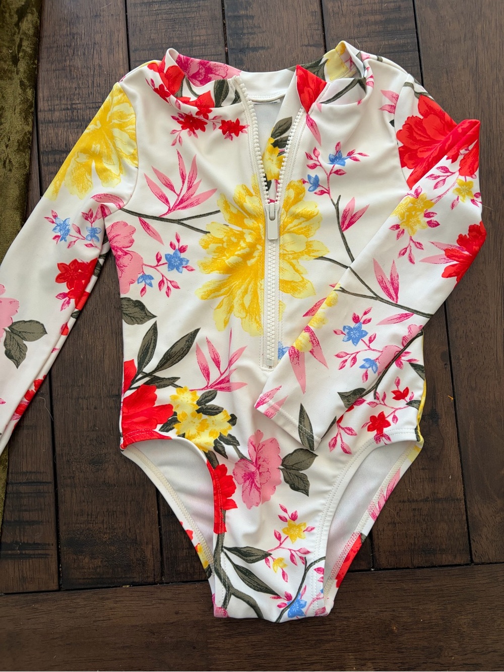 Old Navy Cream Floral Zip-Front Girls Swimsuit with Yellow and Pink Accents